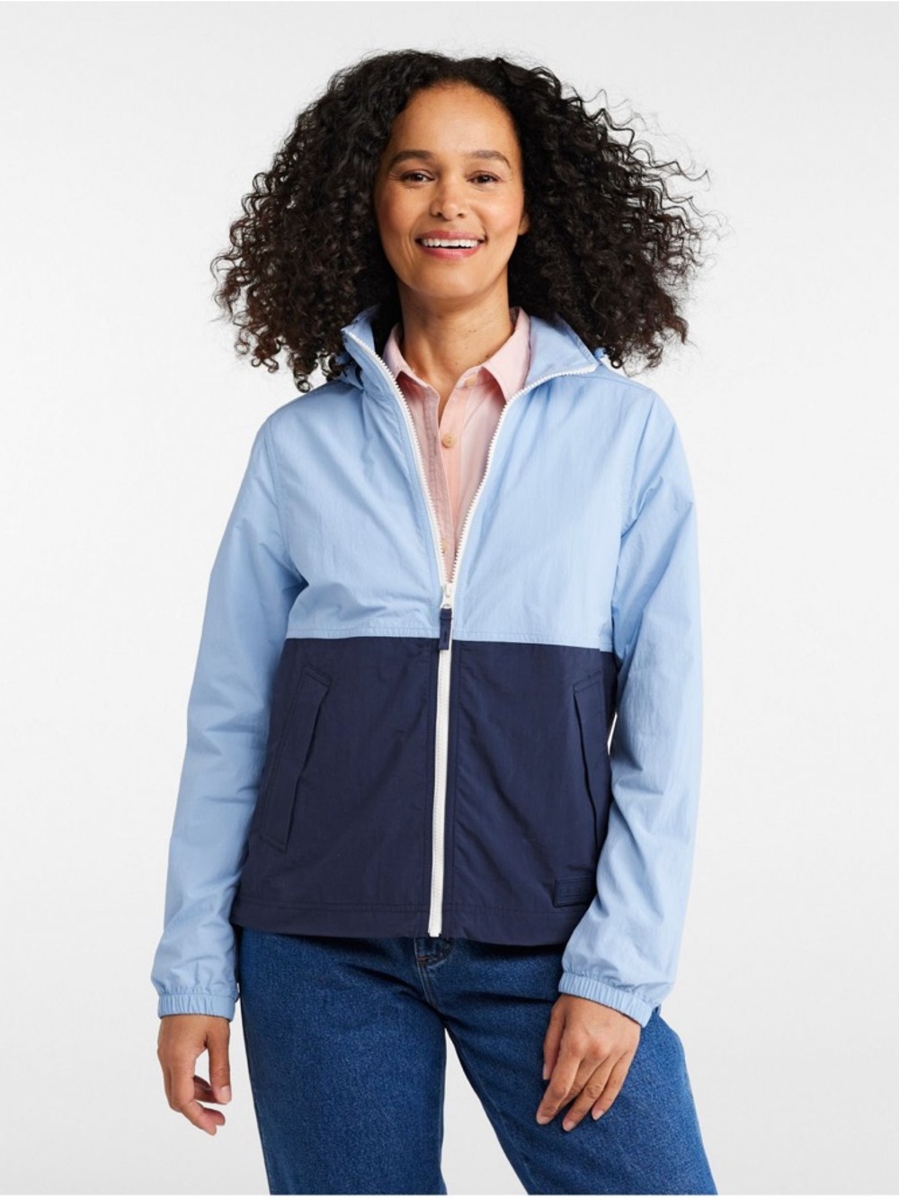 LL Bean Light Blue and Dark Blue Hooded Windbreaker Jacket